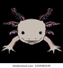 Funny face of a happy smiling baby Axolotl. Mexican walking fish. Neotenic fire salamander. Hand drawn colorful doodle sketch. Isolated vector illustration. On black background.