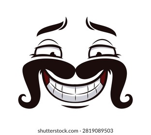 Funny face with happy wide smile and mustaches for cartoon emoji with emotion expression. Cheerful cartoon face with long curly mustaches and joyful glad big smile with tricky sly comic look emotion