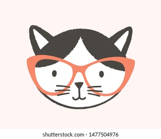 Funny face or head of clever cat wearing glasses. Cute cartoon muzzle of smart kitten isolated on white background. Childish vector illustration in flat style for baby t-shirt or sweatshirt print.