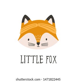 Funny face or head of fox wearing headband. Funny cute happy muzzle of forest animal isolated on white background. Childish vector illustration in flat style for kids t-shirt print, logotype.