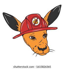 Funny face of a kangaroo in a fire helmet.Vector illustration on a white isolated background.Botanical design for postcards and banners.animal