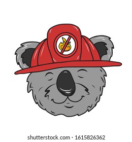 Funny face of a Koala in a fire helmet.Vector illustration on a white isolated background.Botanical design for postcards and banners.animal