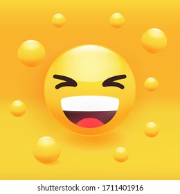 Funny face laughing loudly, smiling, yellow emoticon. Premium vector illustration.