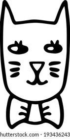 Cara divertida lineal de un lindo gato delgado. Arte de gatitos sonriendo. Mascota con corbata de arco. Foto de caricatura para niños. Ilustración vectorial para el diseño de iconos e impresiones de vivero. Doodle de animales negros aislados. 