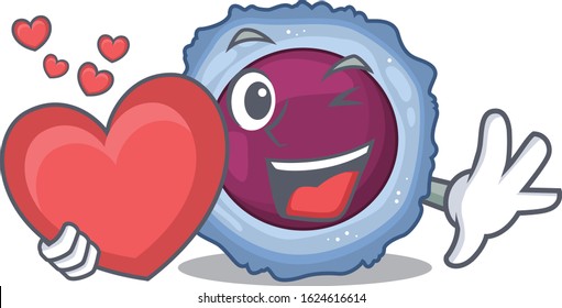 Funny Face lymphocyte cell cartoon character holding a heart