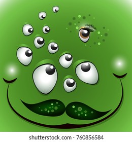 Funny face the many-eyed monster with a moustache. Men's eyes, flirting with women's eye. Halloween monster mask - vector.