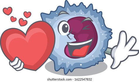 Funny Face monocyte cell cartoon character holding a heart