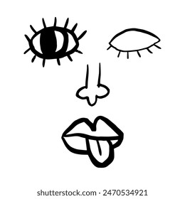 Funny face with one eye closed and tongue sticking out, doodles, vector illustration, naive line art