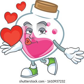 Funny Face pink potion cartoon character holding a heart