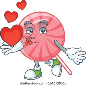 Funny Face pink round lollipop cartoon character holding a heart