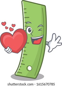 Funny Face ruler cartoon character holding a heart