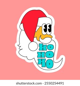 Funny face of Santa Claus with white beard in red cap with bulging eyes. New Year velcro for decorating gift or card in style of 2000. Cartoon Y2K retro sticker on pink background