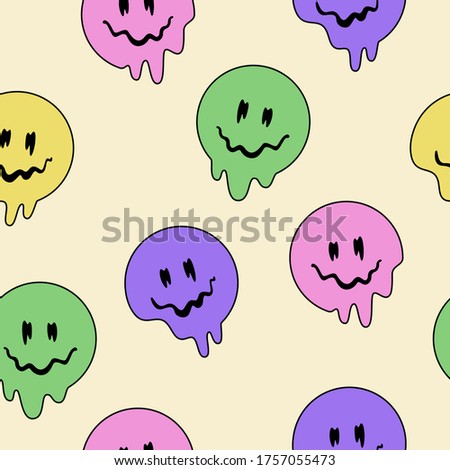 Funny Face Seamless Pattern. Happy Face Vector Art Illustration. Dripping Faces. Fashion Illustration.