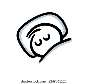 Funny face of a sleeping child on a pillow under a blanket with his eyes closed. Vector illustration of sleepy character dreaming.