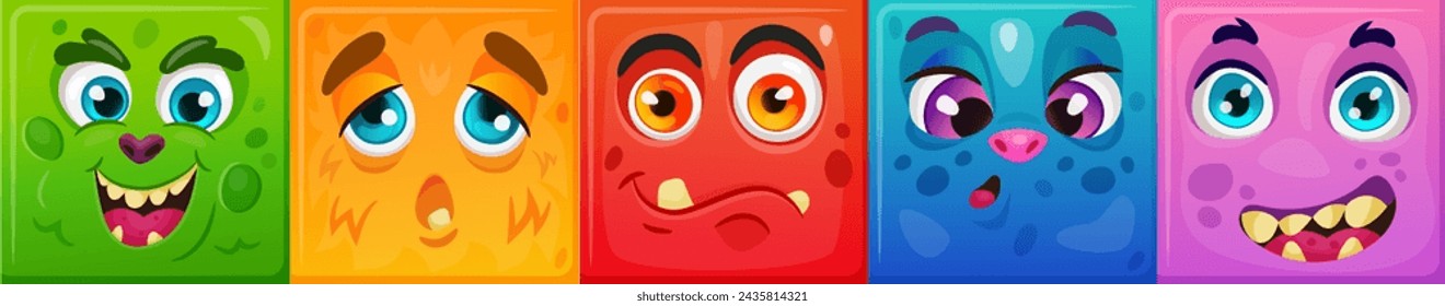 Cara divertida sonrisa. Monstruo creativo de dibujos animados. Carácter bestia. bozal con ojos y bocas dentadas. Expresión emocional. Los niños son felices. Cómico criatura linda. Juego de cartas cuadradas. Vector fondos ordenados