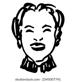 Funny face of a smiling lady. Hand drawn linear doodle rough sketch. Black and white silhouette.