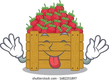 Funny face strawberry fruit box mascot design style with tongue out