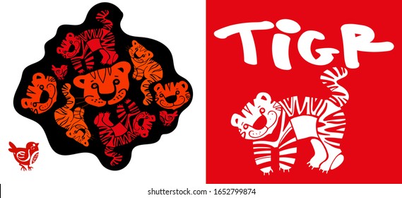 funny face of a stylized tiger, black, red, freehand text tiger, funny predators, smile, white, blot, stripes, funny animals, African animals, bird