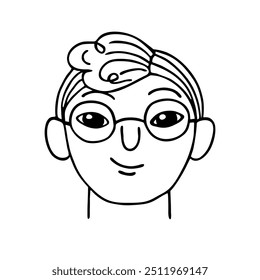 Funny face of a teenage boy or young guy in round glasses, black outline isolated on white. Line drawing sketch, doodle style. Vector clipart for children's illustration, cartoon or caricature avatar.