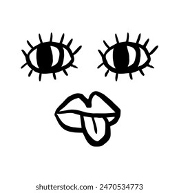 Funny face with tongue sticking out, doodles, vector illustration, naive line art