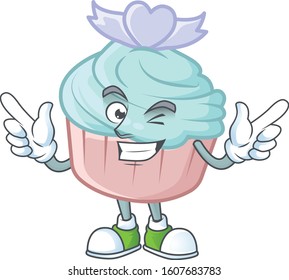 Funny face vanilla blue love cupcake cartoon character style with Wink eye