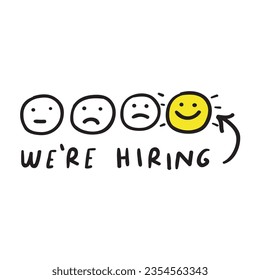Funny face. We're hiring. Vector hand drawn graphic illustration on white background.