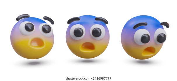 Cara divertida en color amarillo y azul en diferentes posiciones. Conmoción, miedo y triste reacción. Emoji para el concepto de medios sociales. Ilustración vectorial en estilo 3d con sombra