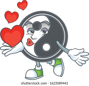 Funny Face yin yang cartoon character holding a heart