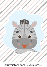 Funny face of funny zebra on striped background. Flat style vector illustration for birthday invitation, cards and stickers.