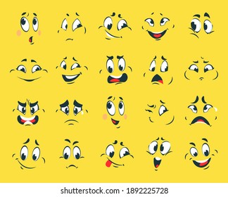 Funny Faces. Cartoon Emotion Expressions. Comic Emoticons With Contour Eyes Or Eyebrows And Mouths. Facial Caricatures On Yellow Background. Avatars Or Stickers Design Template, Vector Set