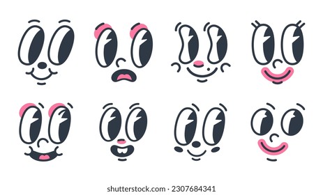 Funny faces. Cartoon retro comic caricature mascots, comic book characters with mouths and eyes. Flat vector illustrations set