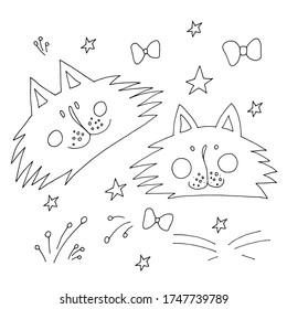 Funny faces, cats.  The illustration is drawn in black outline on a white background.  Additionally, bows, stars, stripes are depicted on the background. Trend style Carton.