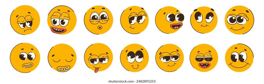 Lustige Gesichter, Charaktere. Nette groovige andere Emotion. In: World Emoji Day. Emoticon-Kollektion. Vektorillustration isoliert auf weißem Hintergrund