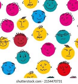 Funny faces and emotions seamless pattern. Doodle childish hand drawn people face icons with differnt expressions. . Vector illustration