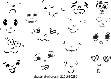 Funny faces with facial expressions of love, annoyance, surprise, joy, etc. Bundle collection in hand drawn cartoon style