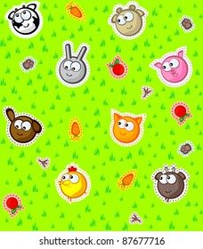 Funny faces farm animals on a background of green grass. Wallpaper for children. Vector seamless texture.
