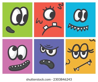 Caras divertidas de monstruos toothy ficticios con ojos y boca. Conjunto de tarjetas vectoriales o banners brillantes en estilo doodle.