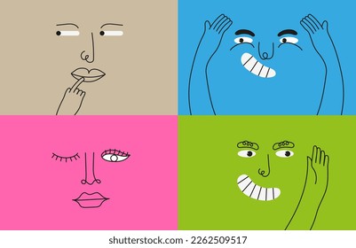 Funny faces icon set vector in cartoon style. Colorful grimace character in simple style. 
Smiling, funny faces of little men. Children's sticker pack for social networks.