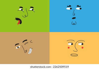 Funny faces icon set vector in cartoon style. Colorful grimace character in simple style. 
Smiling, funny faces of little men. Children's sticker pack for social networks.