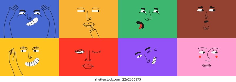 Funny faces icon set vector in cartoon style. Colorful grimace character in simple style. 
Smiling, funny faces of little men. Children's sticker pack for social networks.