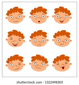 Funny faces of a little boy with different emotions in a cartoon style isolated on white background