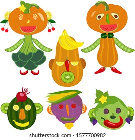 Funny faces made of fruits and vegetables, bodies of a boy and a girl made of fruits and vegetables, flat vector
