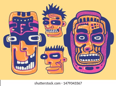 Conjunto de caras y máscaras divertidas. Estilo de dibujo. Ilustración vectorial.