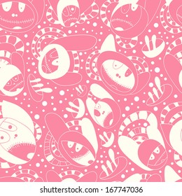 Funny faces monsters continuous seamless pattern.Abstract background with abstract objects with flowers .Seamless pattern can be used for web page backgrounds,  wallpapers  ,pattern.