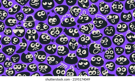 Funny faces pattern. Goofy eyes facial expressions, abstract shape with face and friendly stones crowd seamless vector Illustration