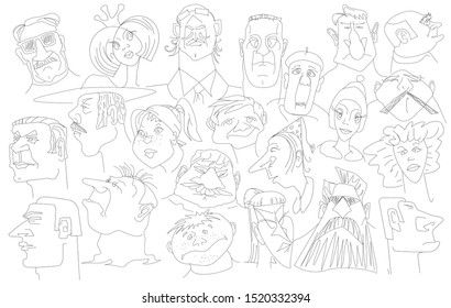 Funny faces of people drawn by curved black lines on a white background.