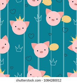 Funny faces of pig. Colorful seamless pattern with faces of animals. 