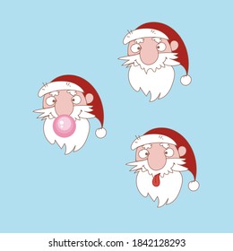 Funny faces of Santa Clauses for creating merry New Year cards on a blue background