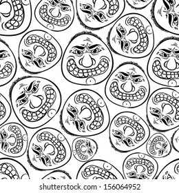 Funny faces seamless background, black and white lines vector cartoon style pattern.