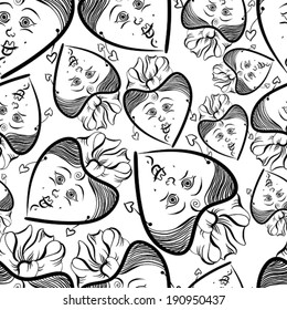 Funny faces seamless background, black and white lines vector cartoon style pattern.